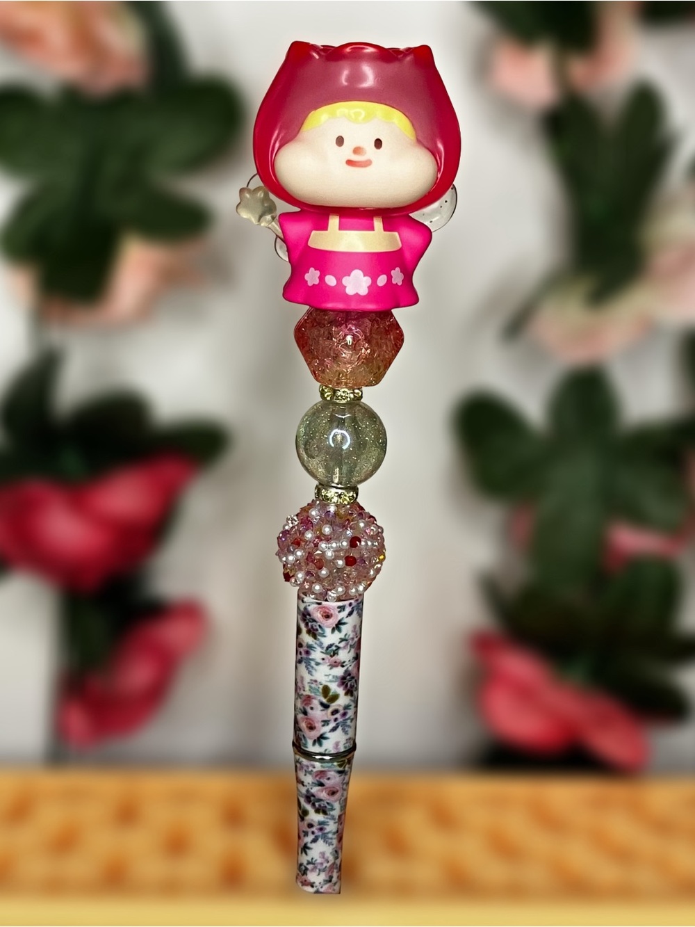 Pink Flower Fairy Handmade Beaded Pen with Floral Print Barrel